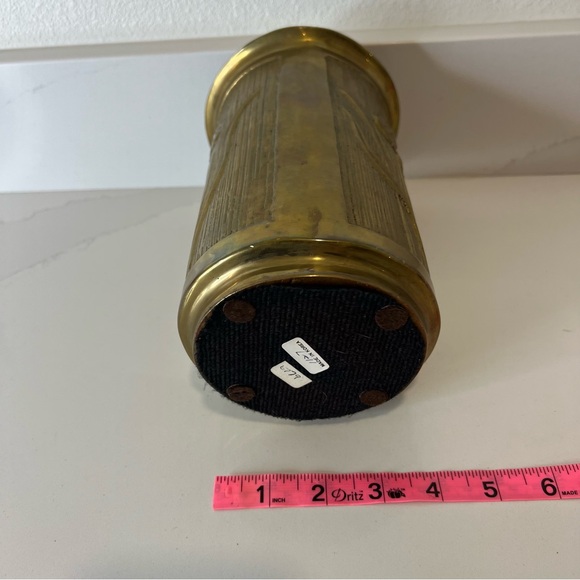 Vintage Brass Floral Embossed Cylinder Vase Gold Tone Decorative Home Accent - Picture 13 of 13